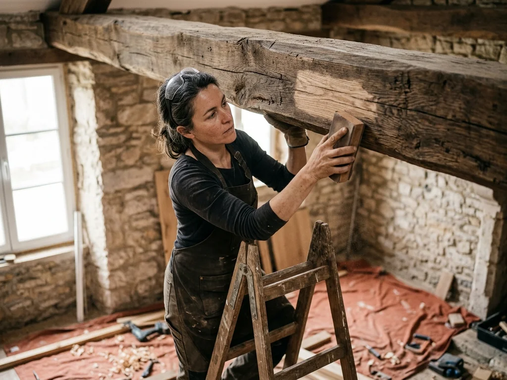 Artisan ponçant une poutre en bois ancienne lors d'une rénovation de charpente intérieure.