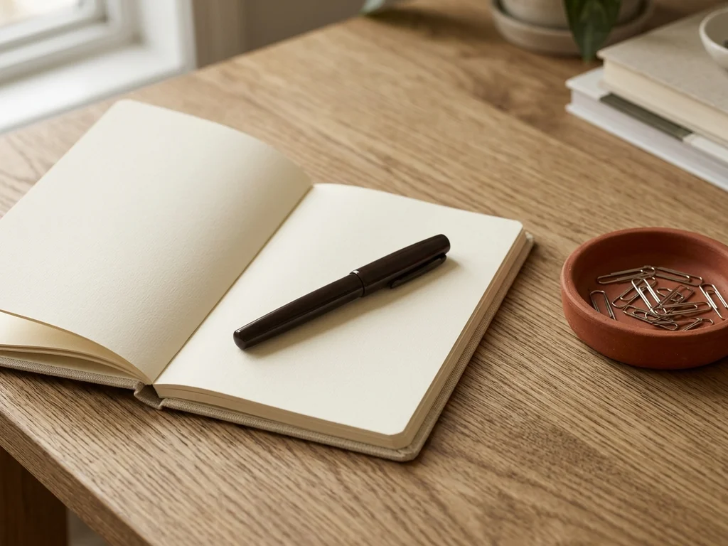 Un carnet ouvert et un stylo sur un bureau en bois, évoquant la clarté des mentions légales.