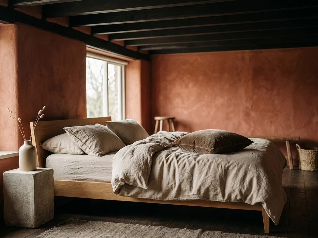 Chambre cocooning avec poutres sombres, murs terracotta et linge de lit en lin naturel.