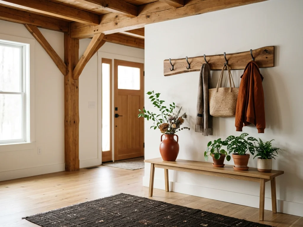 Entrée lumineuse avec poutres apparentes, porte-manteau artisanal et plantes vertes pour un intérieur rénové.