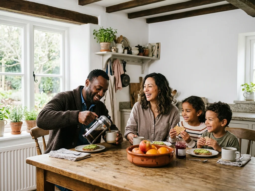 Famille partageant un petit-déjeuner dans une cuisine aux poutres apparentes pour Poutre et Pinceau.