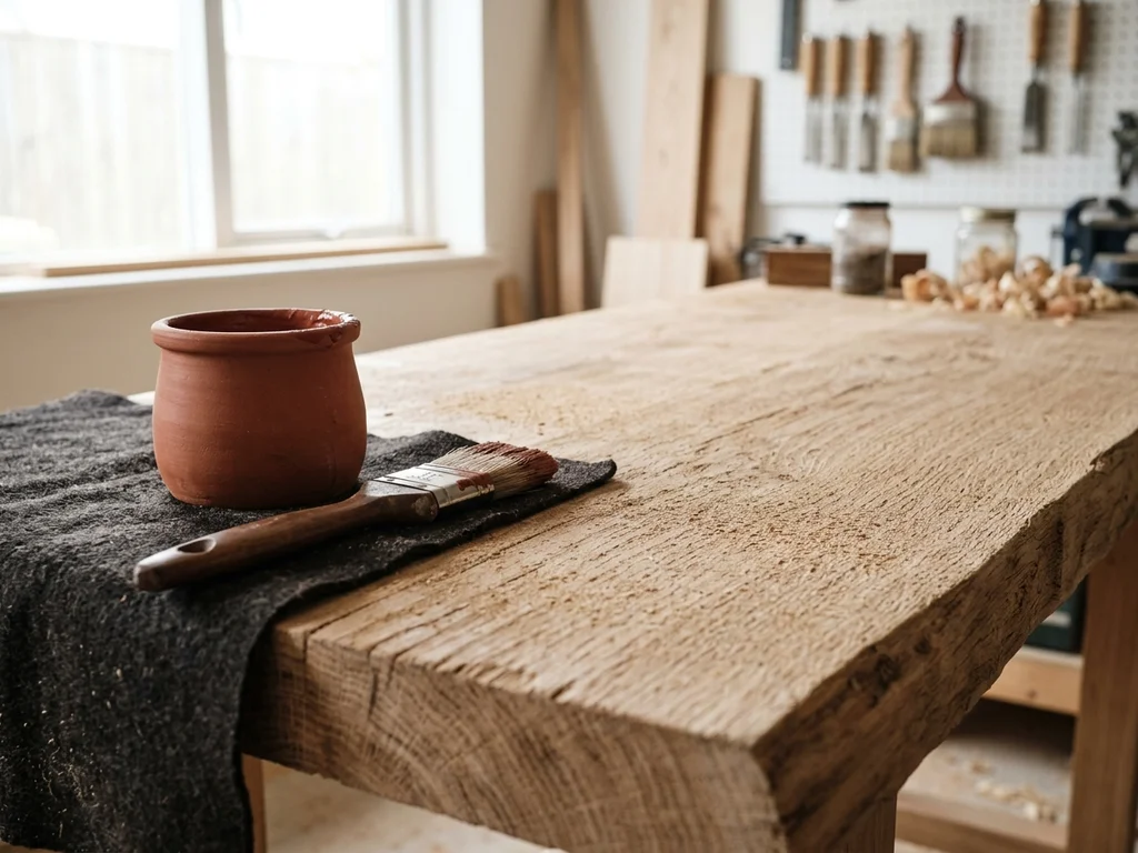 Gros plan d'un plan de travail en bois massif poncé illustrant l'artisanat de Poutre et Pinceau.