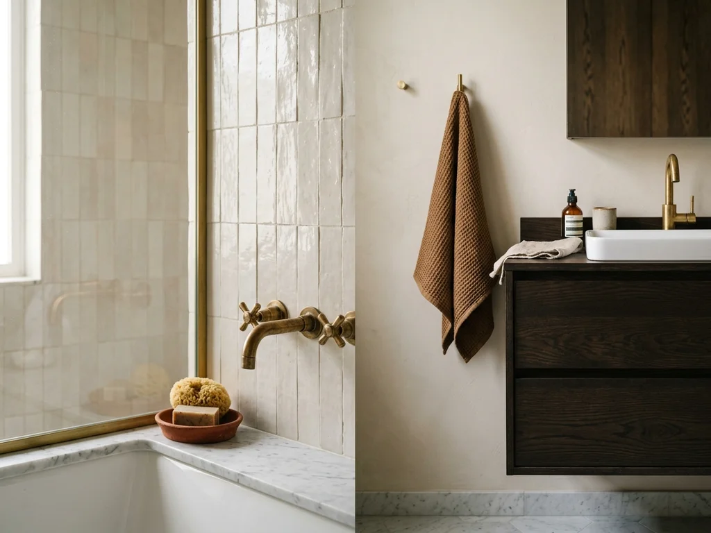 Salle de bain avec carrelage zellige, robinetterie en laiton et finitions artisanales élégantes.