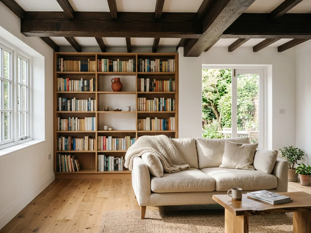Salon lumineux avec poutres apparentes et bibliothèque sur mesure illustrant la qualité des finitions.