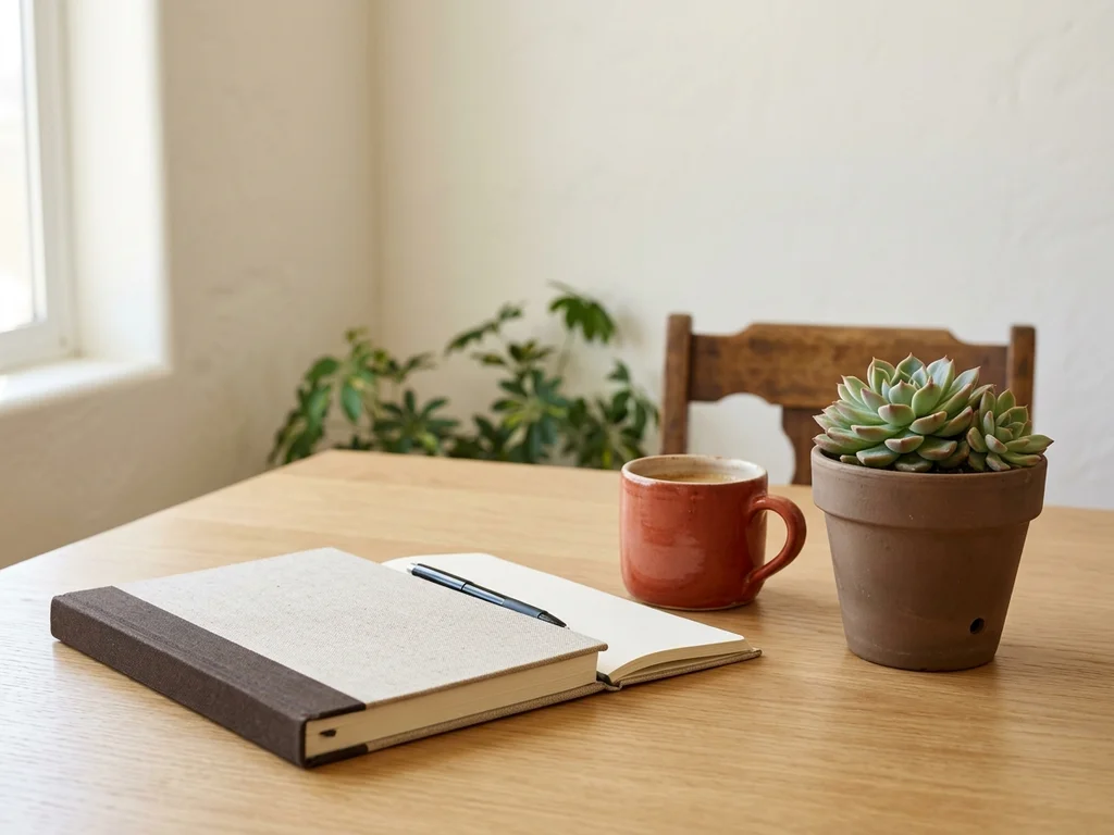 Table en bois avec carnet et café dans une ambiance chaleureuse pour nous contacter.