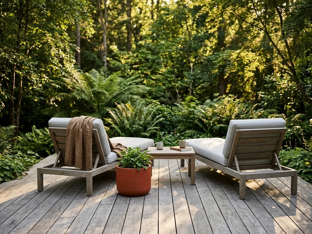 Terrasse en bois massif et mobilier élégant dans un jardin arboré pour un extérieur rénové.